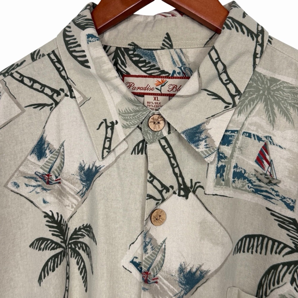 Paradise Blue Hawaiian Camp Shirt XL Silk Cotton Palm Tree Sailboat Aloha